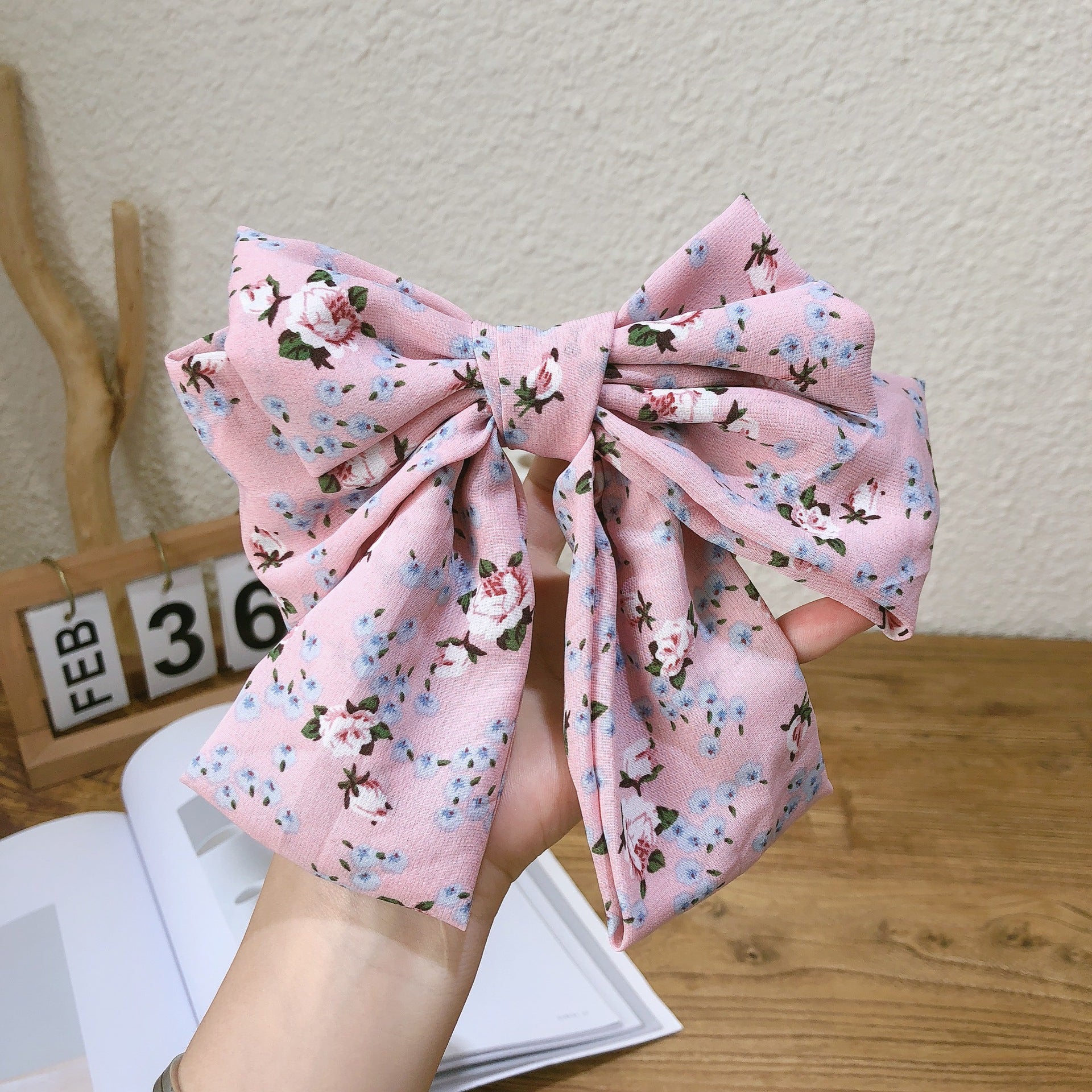 Wholesale Three-layer Floral Large Bow Fabric Chiffon Back Head Spring Clip